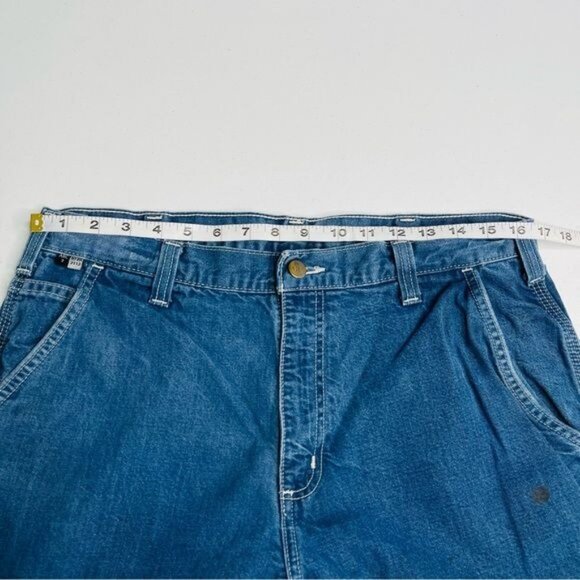 Carhartt Fire Resistant Carpenter Jeans Mens 34 Blue Workwear‎ Stained Rigid - Picture 5 of 11